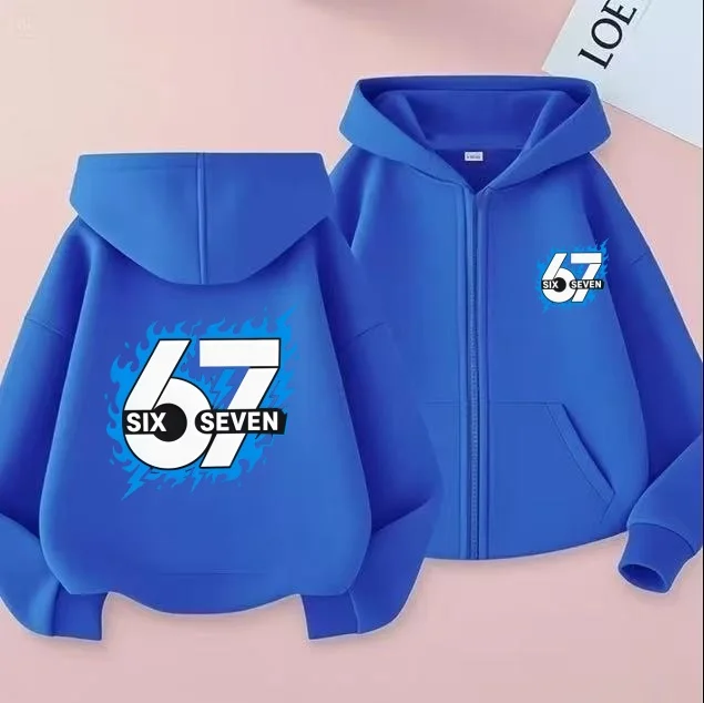 Comfortable 67 Kids Zip Hoodie Fleece Lined Sweatshirt Boys Girls Cartoon Versatile Daily Top  2026 Fashion Outerwear
