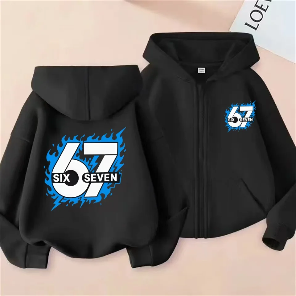Comfortable 67 Kids Zip Hoodie Fleece Lined Sweatshirt Boys Girls Cartoon Versatile Daily Top  2026 Fashion Outerwear