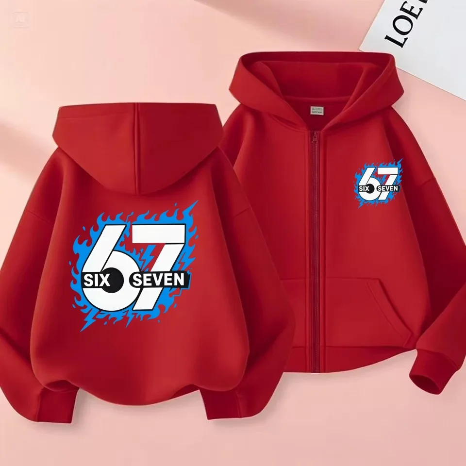 Comfortable 67 Kids Zip Hoodie Fleece Lined Sweatshirt Boys Girls Cartoon Versatile Daily Top  2026 Fashion Outerwear