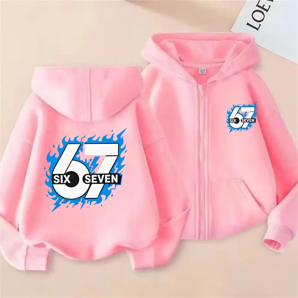 Comfortable 67 Kids Zip Hoodie Fleece Lined Sweatshirt Boys Girls Cartoon Versatile Daily Top  2026 Fashion Outerwear