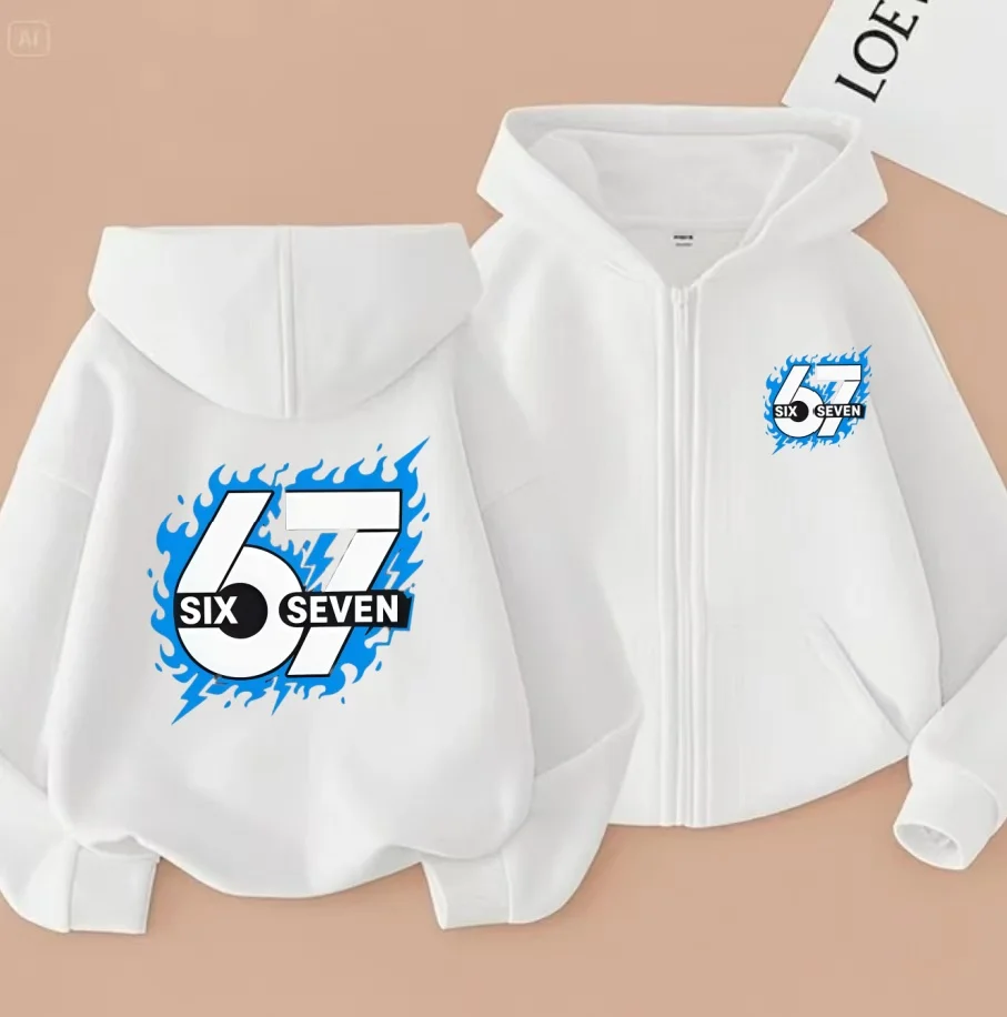 Comfortable 67 Kids Zip Hoodie Fleece Lined Sweatshirt Boys Girls Cartoon Versatile Daily Top  2026 Fashion Outerwear