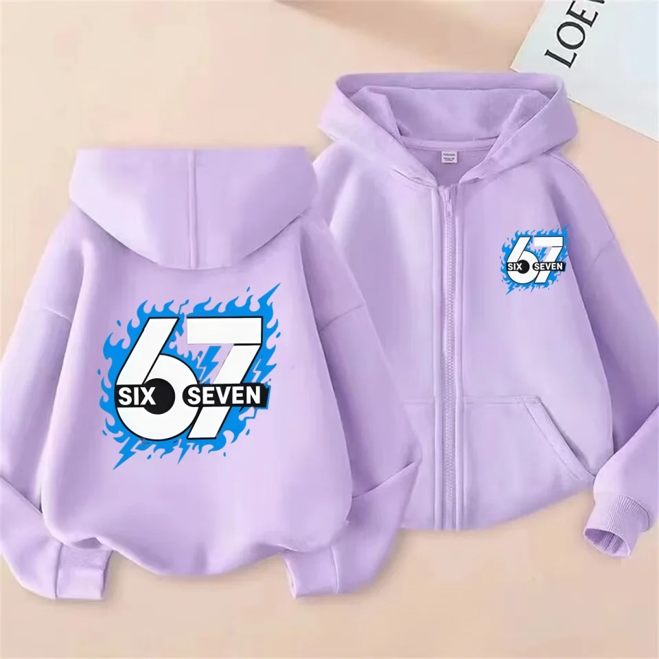 Comfortable 67 Kids Zip Hoodie Fleece Lined Sweatshirt Boys Girls Cartoon Versatile Daily Top  2026 Fashion Outerwear