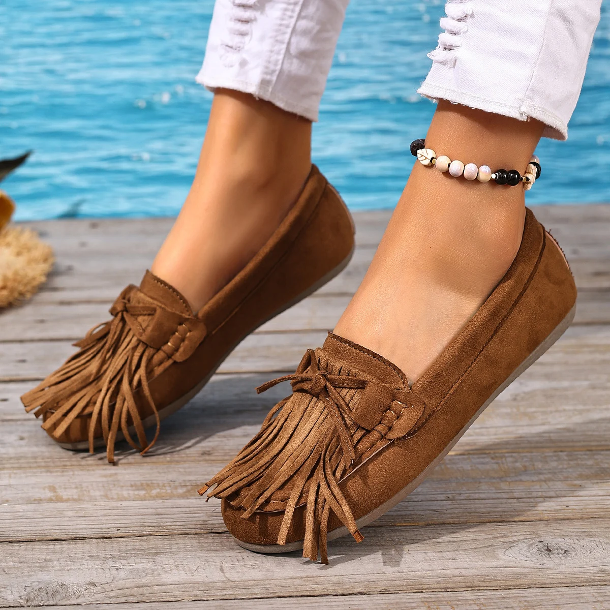 Summer Tassel Loafers for Women, Retro Suede Flat Shoes, Bohemian Style Slip-On Bean Shoes, Versatile Women's Shoes