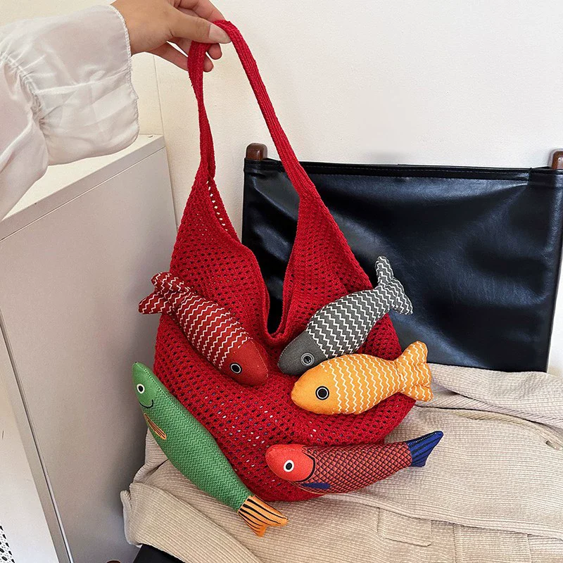 Cute Little Fish Relaxed Knitted Bag 2026 Summer New Commuter Versatile Shoulder Bag Contrasting Cut Out Tote Bag
