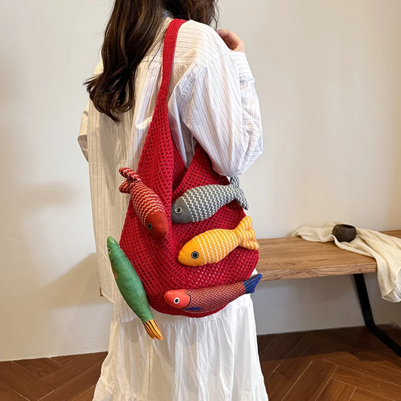 Cute Little Fish Relaxed Knitted Bag 2026 Summer New Commuter Versatile Shoulder Bag Contrasting Cut Out Tote Bag