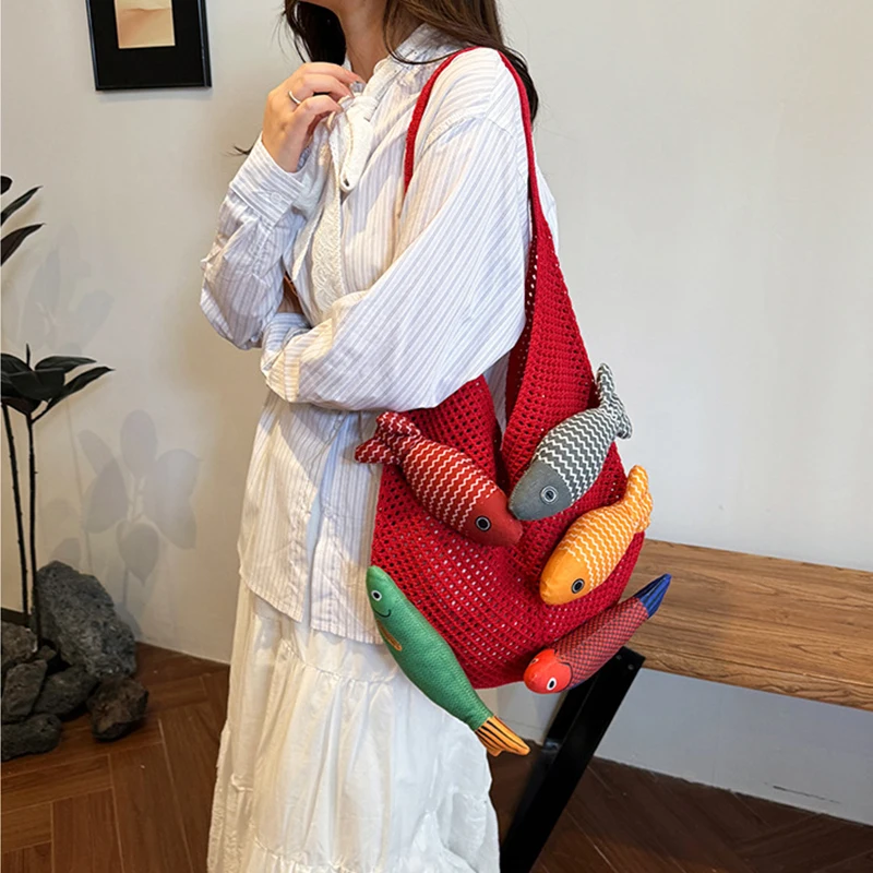 Cute Little Fish Relaxed Knitted Bag 2026 Summer New Commuter Versatile Shoulder Bag Contrasting Cut Out Tote Bag