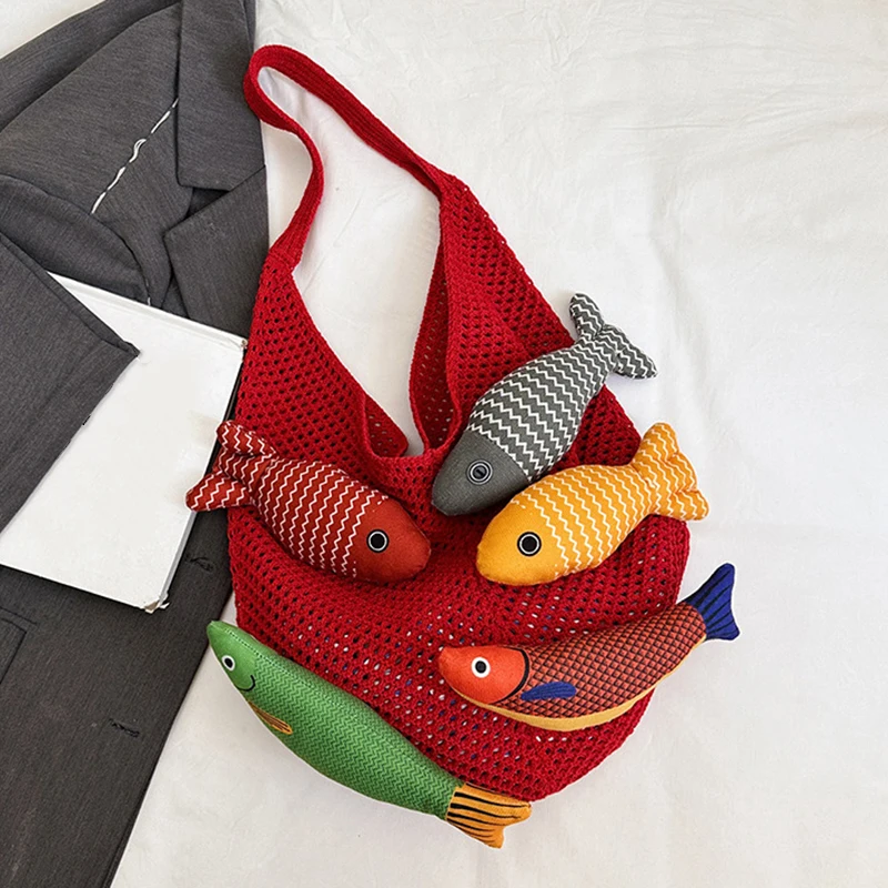 Cute Little Fish Relaxed Knitted Bag 2026 Summer New Commuter Versatile Shoulder Bag Contrasting Cut Out Tote Bag