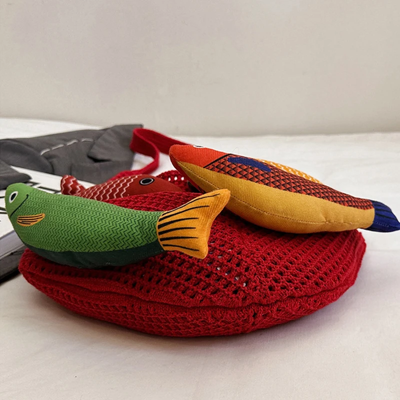 Cute Little Fish Relaxed Knitted Bag 2026 Summer New Commuter Versatile Shoulder Bag Contrasting Cut Out Tote Bag