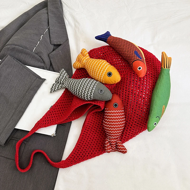 Cute Little Fish Relaxed Knitted Bag 2026 Summer New Commuter Versatile Shoulder Bag Contrasting Cut Out Tote Bag