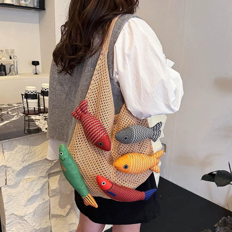 Cute Little Fish Relaxed Knitted Bag 2026 Summer New Commuter Versatile Shoulder Bag Contrasting Cut Out Tote Bag