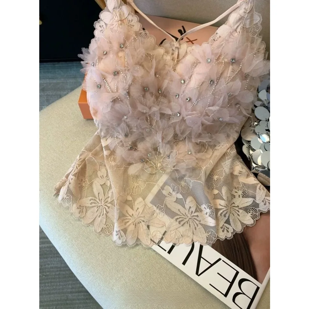 Pink Heavy Industry Flower Hot Diamond Vest Women's Outer Wear with Chest Pad Suspender Shirt Sleeveless Mesh Top Tank Top