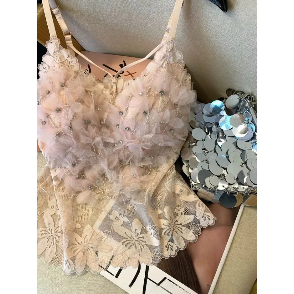 Pink Heavy Industry Flower Hot Diamond Vest Women's Outer Wear with Chest Pad Suspender Shirt Sleeveless Mesh Top Tank Top