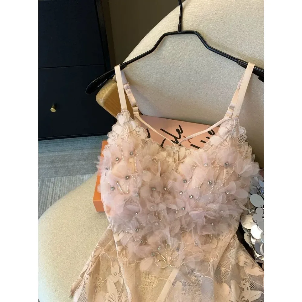 Pink Heavy Industry Flower Hot Diamond Vest Women's Outer Wear with Chest Pad Suspender Shirt Sleeveless Mesh Top Tank Top
