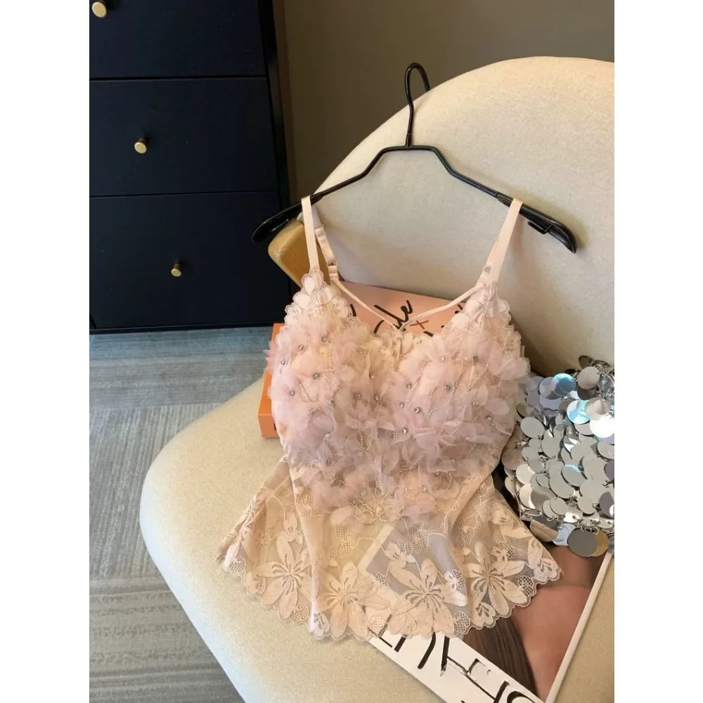 Pink Heavy Industry Flower Hot Diamond Vest Women's Outer Wear with Chest Pad Suspender Shirt Sleeveless Mesh Top Tank Top