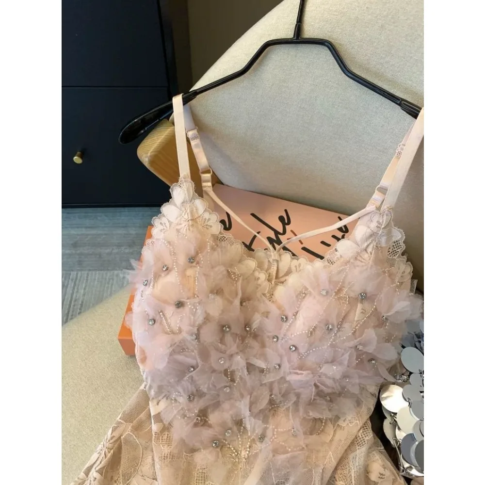 Pink Heavy Industry Flower Hot Diamond Vest Women's Outer Wear with Chest Pad Suspender Shirt Sleeveless Mesh Top Tank Top