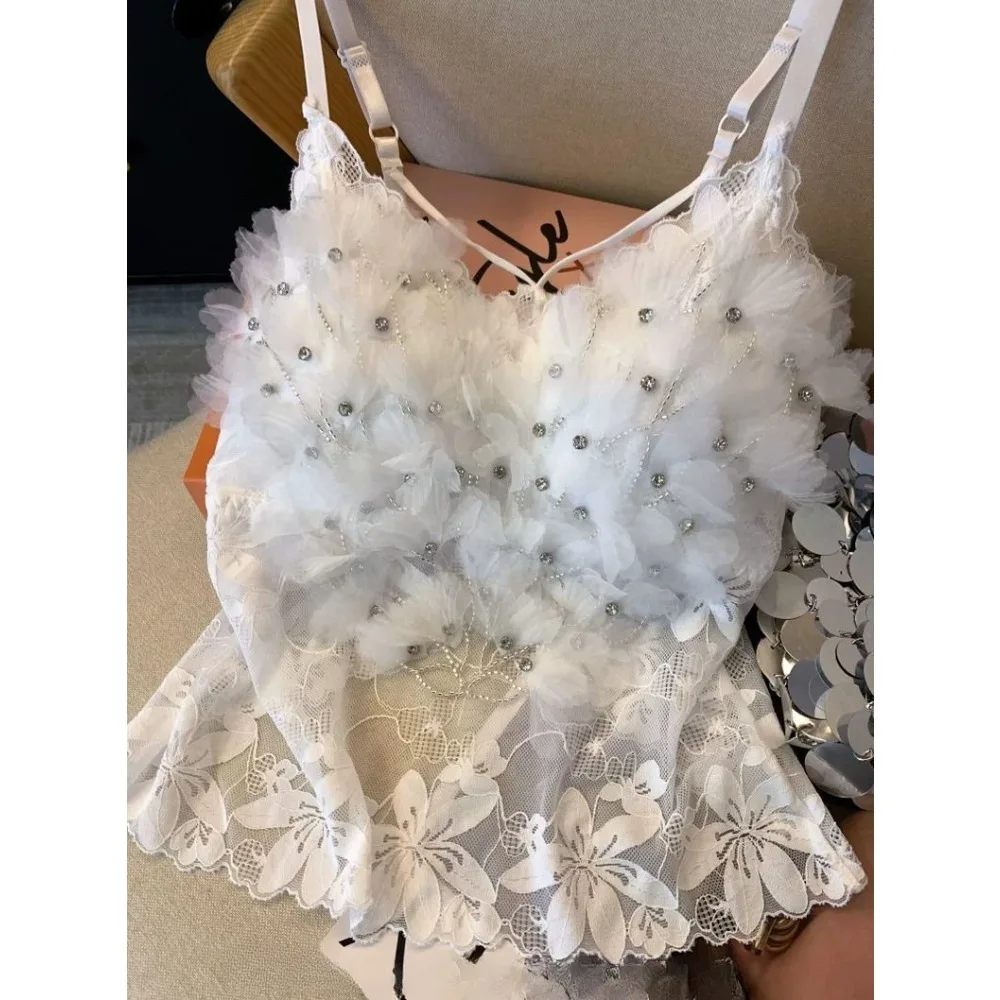 Pink Heavy Industry Flower Hot Diamond Vest Women's Outer Wear with Chest Pad Suspender Shirt Sleeveless Mesh Top Tank Top