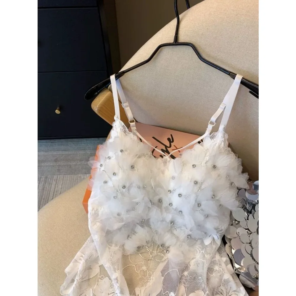 Pink Heavy Industry Flower Hot Diamond Vest Women's Outer Wear with Chest Pad Suspender Shirt Sleeveless Mesh Top Tank Top