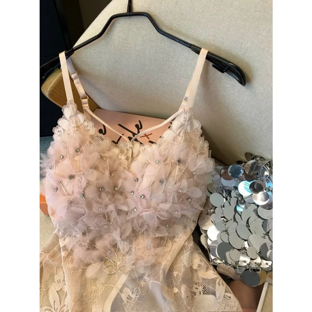 Pink Heavy Industry Flower Hot Diamond Vest Women's Outer Wear with Chest Pad Suspender Shirt Sleeveless Mesh Top Tank Top
