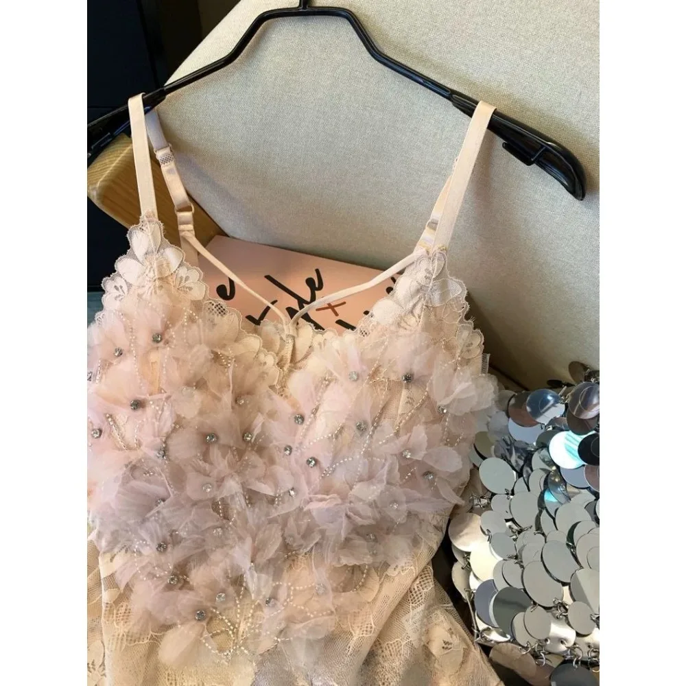 Pink Heavy Industry Flower Hot Diamond Vest Women's Outer Wear with Chest Pad Suspender Shirt Sleeveless Mesh Top Tank Top