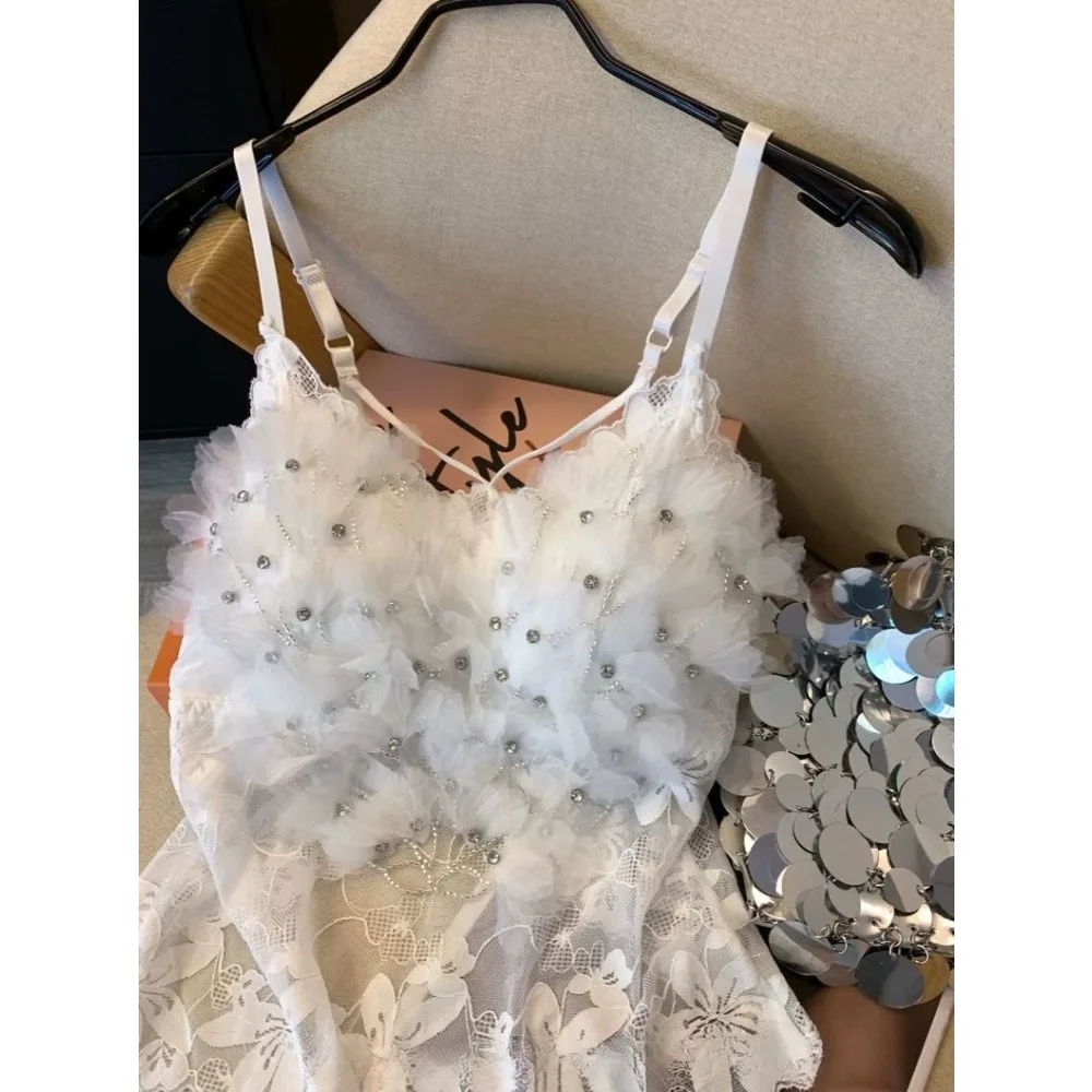 Pink Heavy Industry Flower Hot Diamond Vest Women's Outer Wear with Chest Pad Suspender Shirt Sleeveless Mesh Top Tank Top