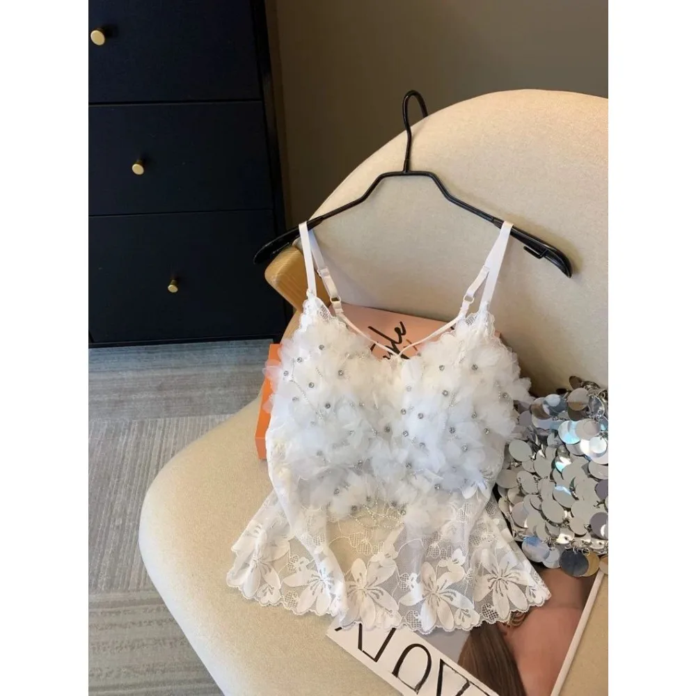 Pink Heavy Industry Flower Hot Diamond Vest Women's Outer Wear with Chest Pad Suspender Shirt Sleeveless Mesh Top Tank Top