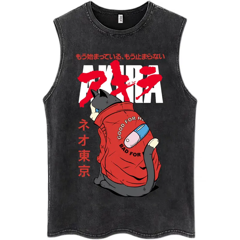 Washed Anime Akira Classic Tank Tops Science Fiction 90s Movie Shotaro Kaneda Vintage Sleeveless Tshirt Men Casual Cotton Vests