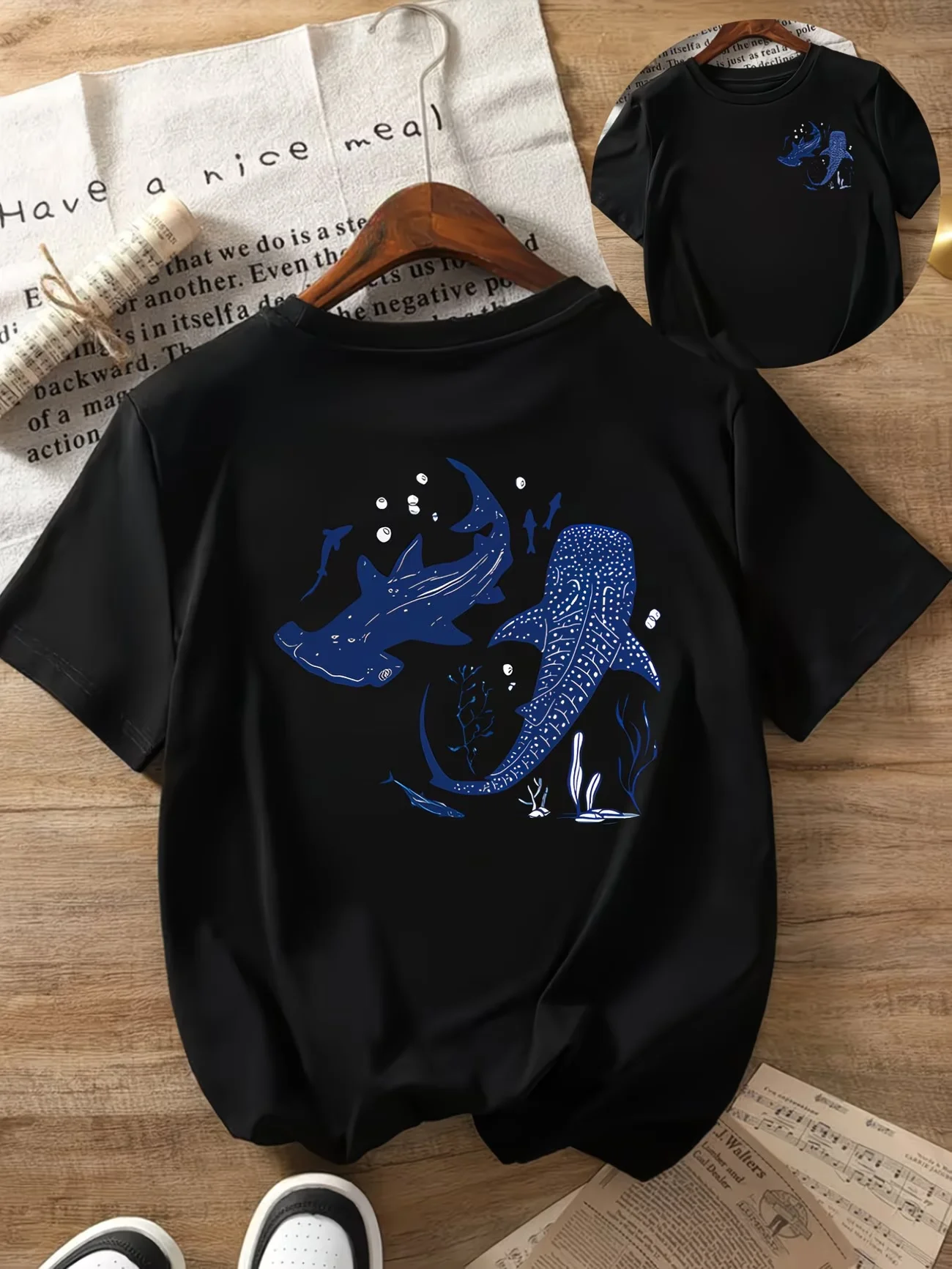 Whale Shark T Shirt Men Women Ocean Life Graphic Tee Hammerhead Shark Back Print Short Sleeve Summer Loose Aesthetic Top