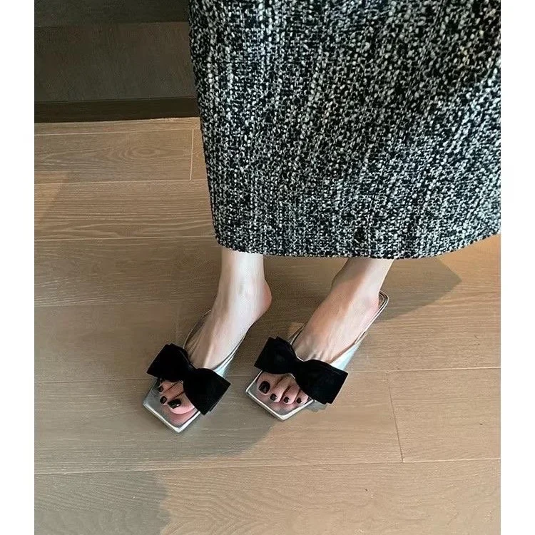 2026 Summer Women'S Fashion Bowknot Square Toes Slippers Open Toe Comfort Sandals Slippers Casual High Heels Slipper 3344