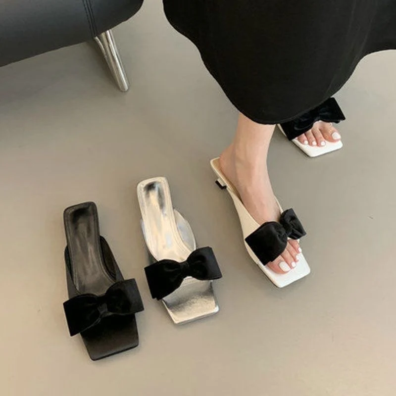 2026 Summer Women'S Fashion Bowknot Square Toes Slippers Open Toe Comfort Sandals Slippers Casual High Heels Slipper 3344