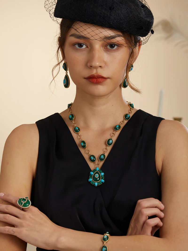 Luxury Gold Color Green Natural Stone Zircon Oval Vintage Rings Pearls for Woman Party Gift Antique Jewelry Korean Designer Open