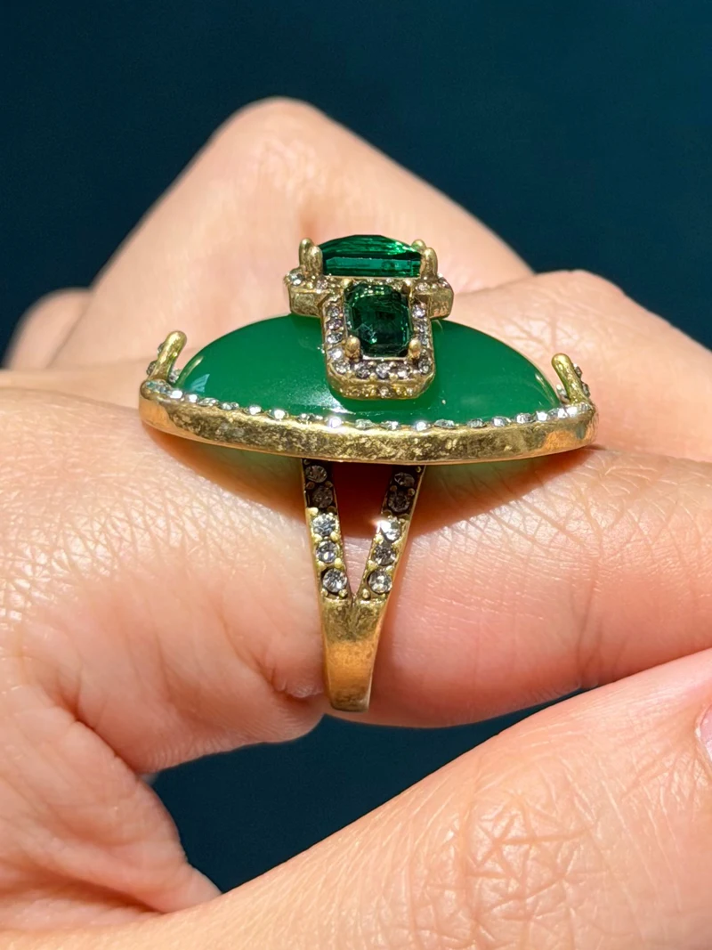 Luxury Gold Color Green Natural Stone Zircon Oval Vintage Rings Pearls for Woman Party Gift Antique Jewelry Korean Designer Open