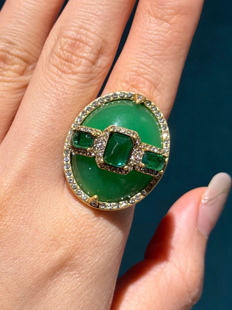 Luxury Gold Color Green Natural Stone Zircon Oval Vintage Rings Pearls for Woman Party Gift Antique Jewelry Korean Designer Open