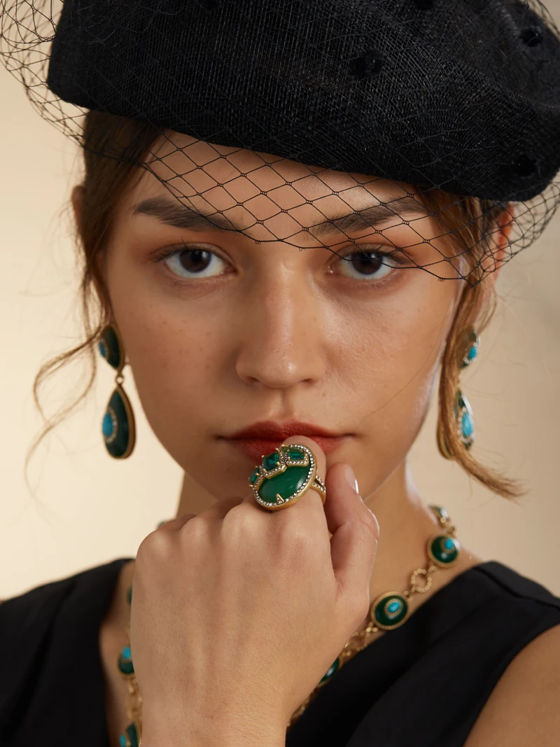 Luxury Gold Color Green Natural Stone Zircon Oval Vintage Rings Pearls for Woman Party Gift Antique Jewelry Korean Designer Open
