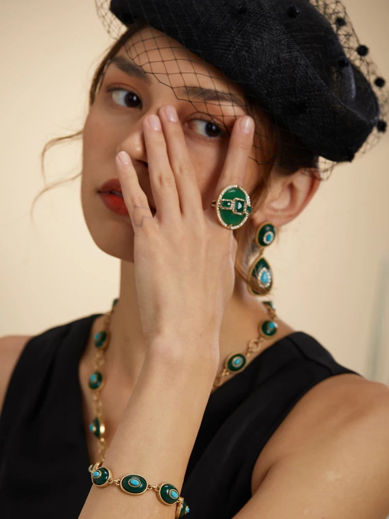 Luxury Gold Color Green Natural Stone Zircon Oval Vintage Rings Pearls for Woman Party Gift Antique Jewelry Korean Designer Open