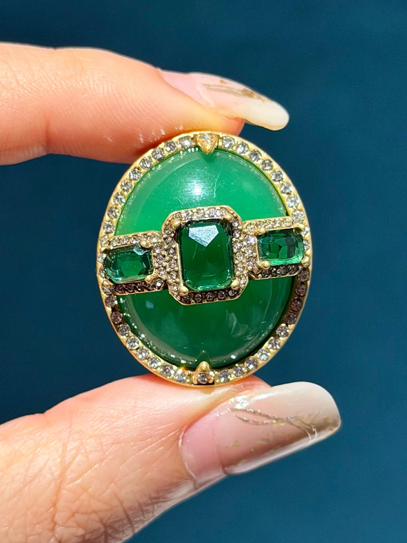 Luxury Gold Color Green Natural Stone Zircon Oval Vintage Rings Pearls for Woman Party Gift Antique Jewelry Korean Designer Open