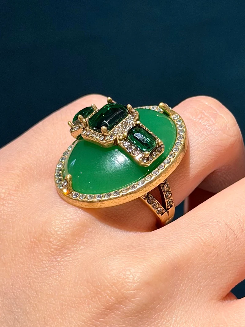 Luxury Gold Color Green Natural Stone Zircon Oval Vintage Rings Pearls for Woman Party Gift Antique Jewelry Korean Designer Open