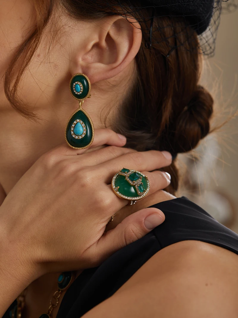 Luxury Gold Color Green Natural Stone Zircon Oval Vintage Rings Pearls for Woman Party Gift Antique Jewelry Korean Designer Open