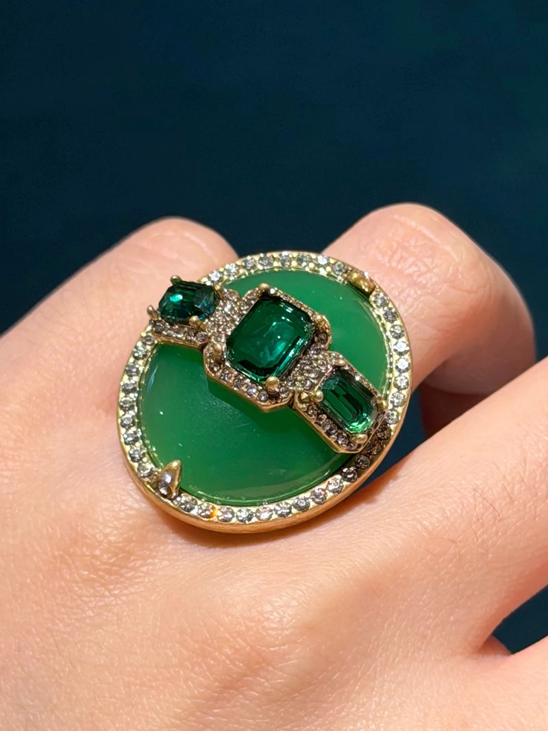 Luxury Gold Color Green Natural Stone Zircon Oval Vintage Rings Pearls for Woman Party Gift Antique Jewelry Korean Designer Open