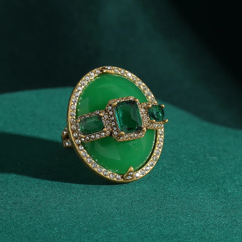 Luxury Gold Color Green Natural Stone Zircon Oval Vintage Rings Pearls for Woman Party Gift Antique Jewelry Korean Designer Open