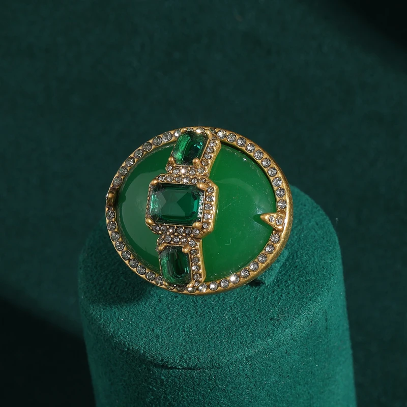 Luxury Gold Color Green Natural Stone Zircon Oval Vintage Rings Pearls for Woman Party Gift Antique Jewelry Korean Designer Open