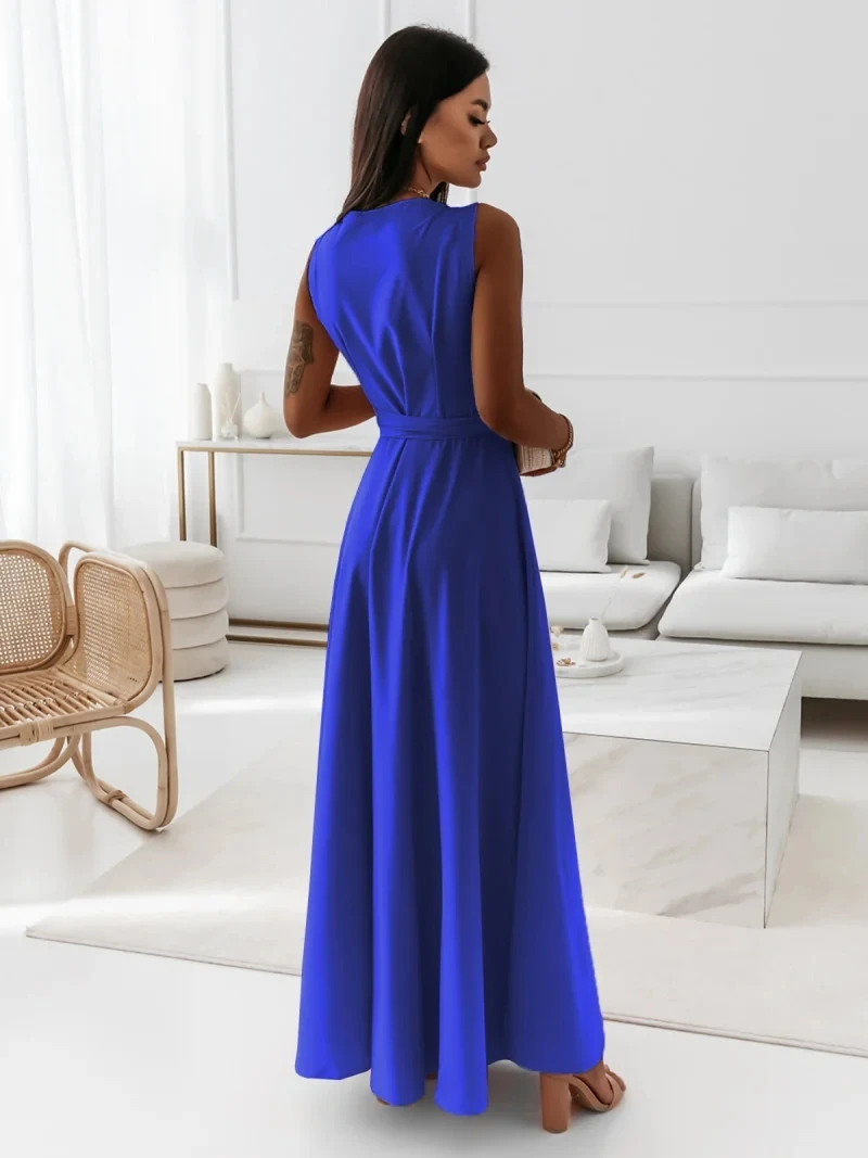 Women's Blue Maxi Dress V Neck Sleeveless Wrap Tie Waist A Line Flowy Dress For Evening Party Wedding Guest Formal Wear
