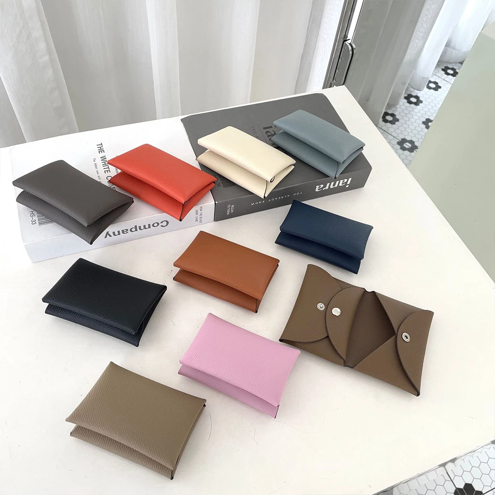 Customized name card holder for ladies, genuine leather, double-fold card holder with palmprint snap fastener, card case, wallet