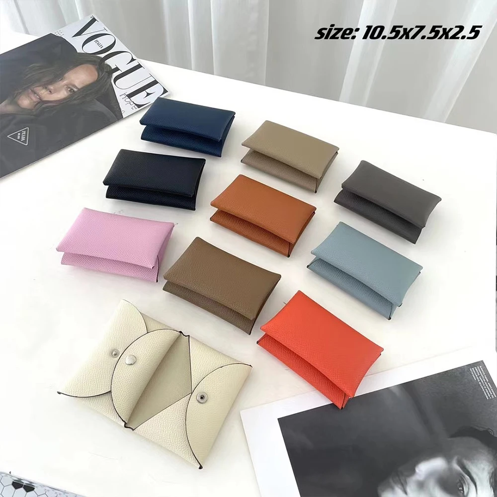 Customized name card holder for ladies, genuine leather, double-fold card holder with palmprint snap fastener, card case, wallet