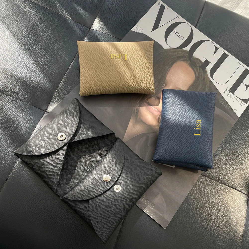 Customized name card holder for ladies, genuine leather, double-fold card holder with palmprint snap fastener, card case, wallet