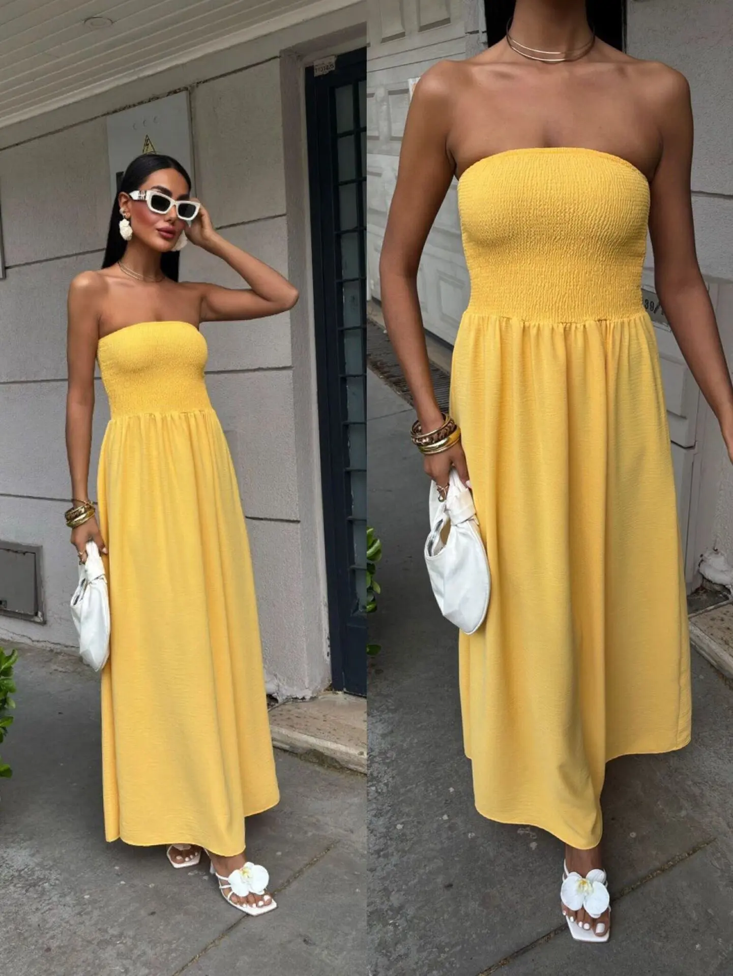 2026 New Summer Fashion Solid Color Off-Shoulder Strapless Waist-Cinching Long Dress for Women