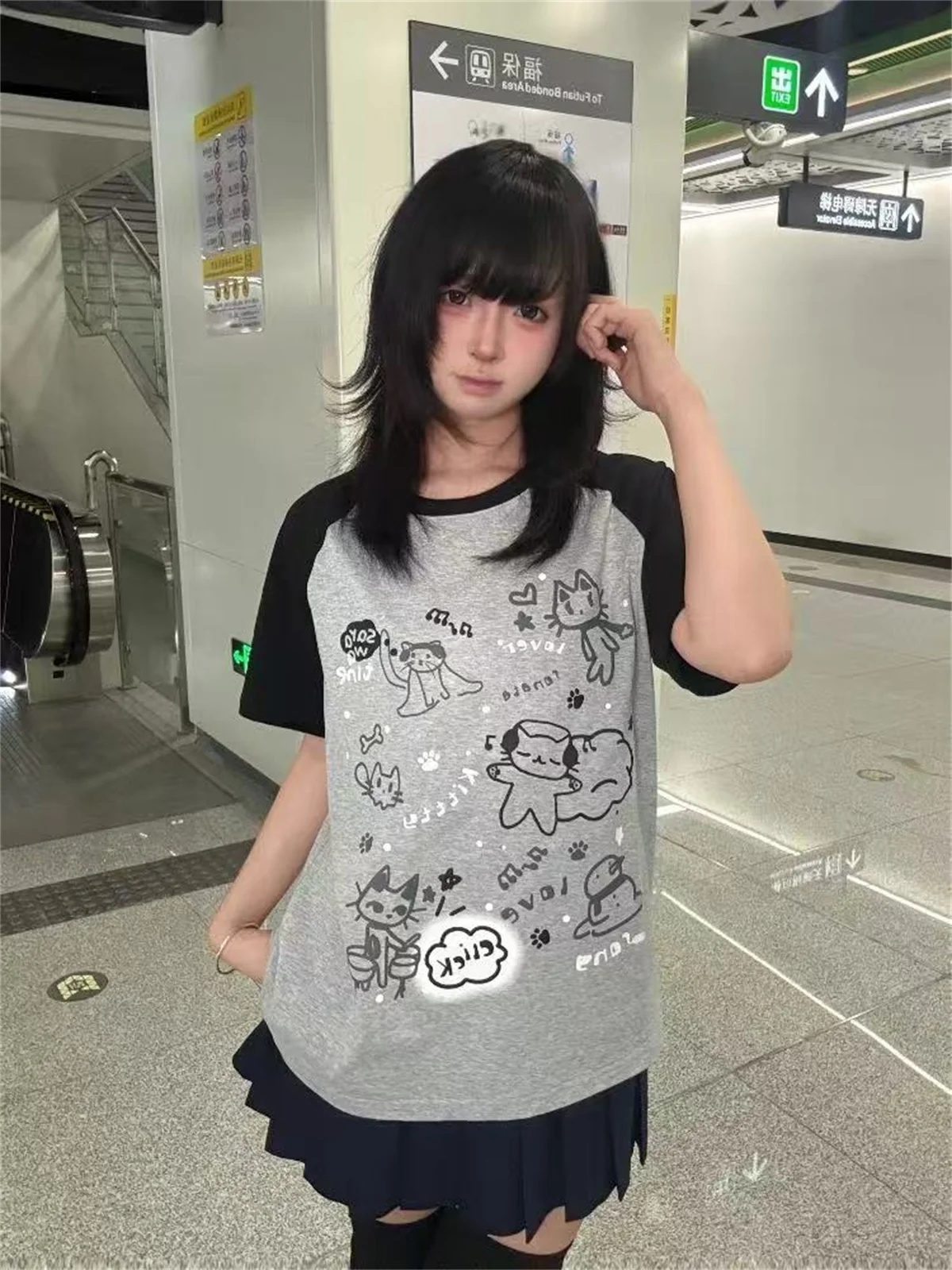Women Japanese Cartoon Printing Tops E-girl Fairycore Contrast Color Cute Graphic T Shirt Y2k Aesthetics Grunge Casual T-shirt