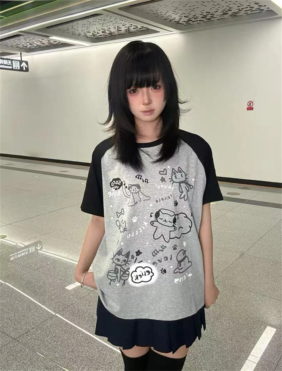 Women Japanese Cartoon Printing Tops E-girl Fairycore Contrast Color Cute Graphic T Shirt Y2k Aesthetics Grunge Casual T-shirt