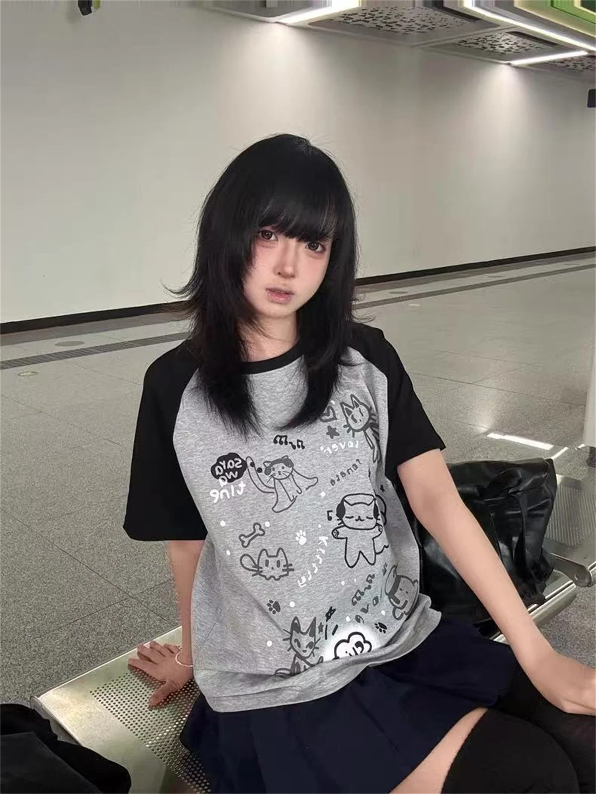 Women Japanese Cartoon Printing Tops E-girl Fairycore Contrast Color Cute Graphic T Shirt Y2k Aesthetics Grunge Casual T-shirt