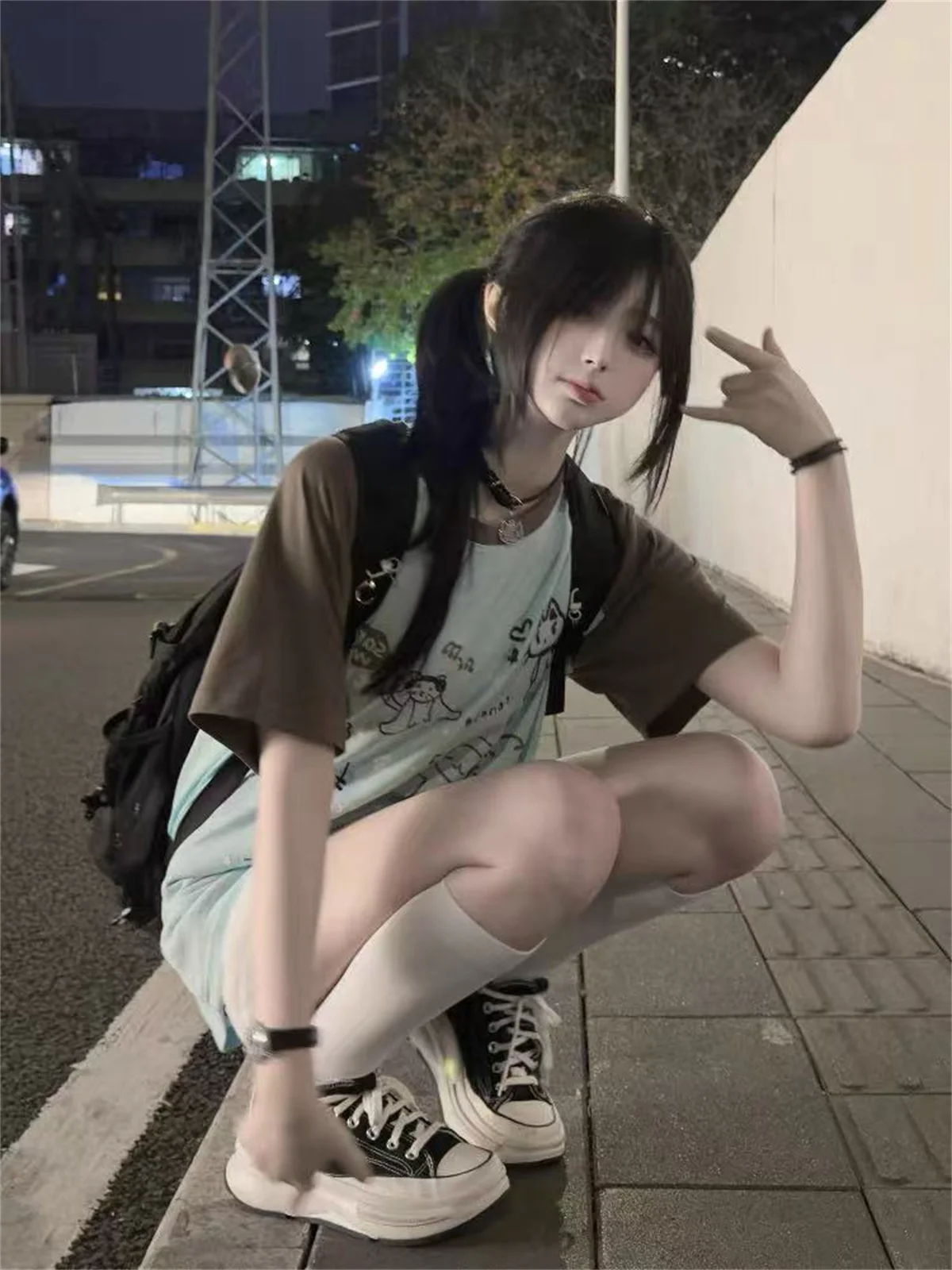 Women Japanese Cartoon Printing Tops E-girl Fairycore Contrast Color Cute Graphic T Shirt Y2k Aesthetics Grunge Casual T-shirt