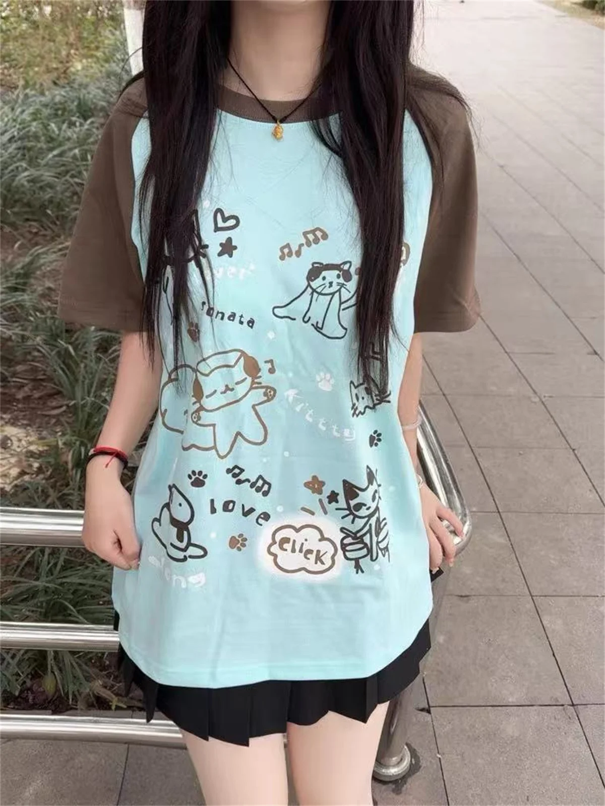 Women Japanese Cartoon Printing Tops E-girl Fairycore Contrast Color Cute Graphic T Shirt Y2k Aesthetics Grunge Casual T-shirt